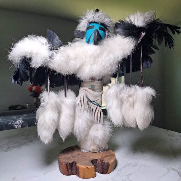 Kachina Doll Eagle Julie Loley 402706 Fur Wood Navajo Dineh Turquoise 12 Inch - Picture 15 of 16